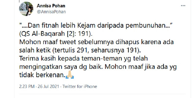 Akui Salah Ketik, Annisa Pohan: Terima Kasih Sudah Mengingatkan