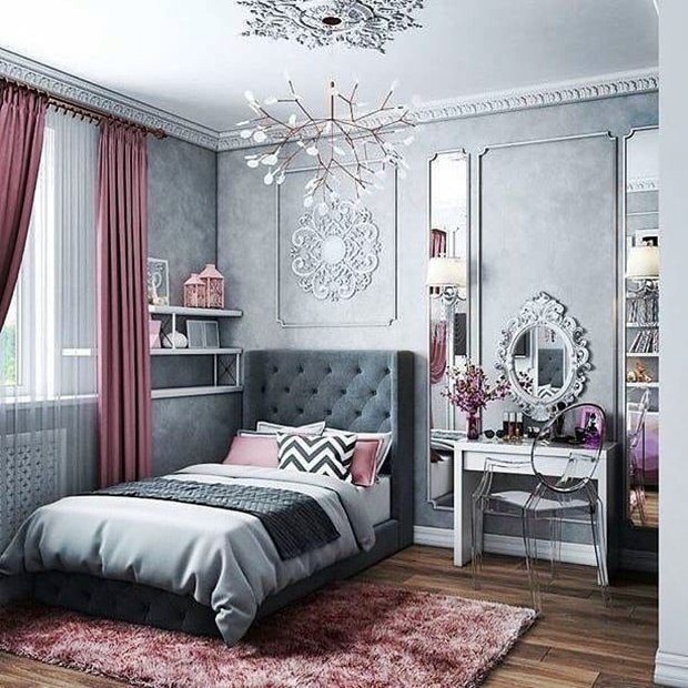sweet teenage girl bedroom with pink curtains