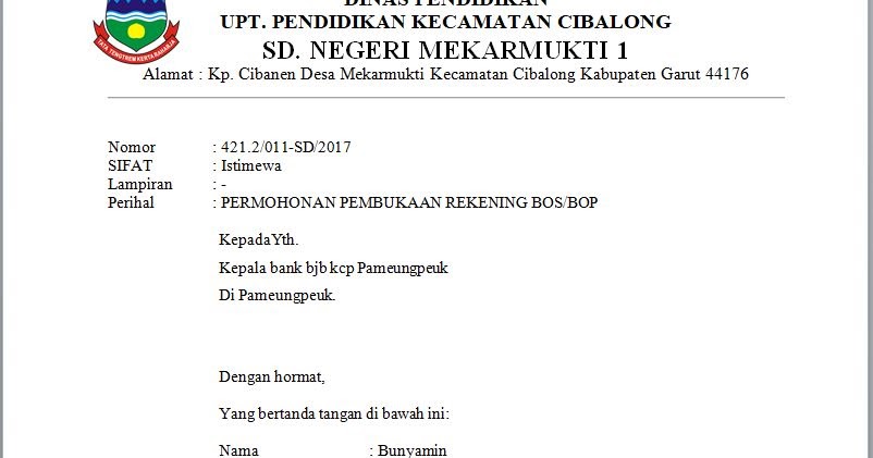 Contoh Surat Permohonan Pembuatan Rekening Atas Nama Lembaga