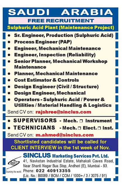 Acid Plant Maintenance Project Jobs for KSA - Saudi Arabia