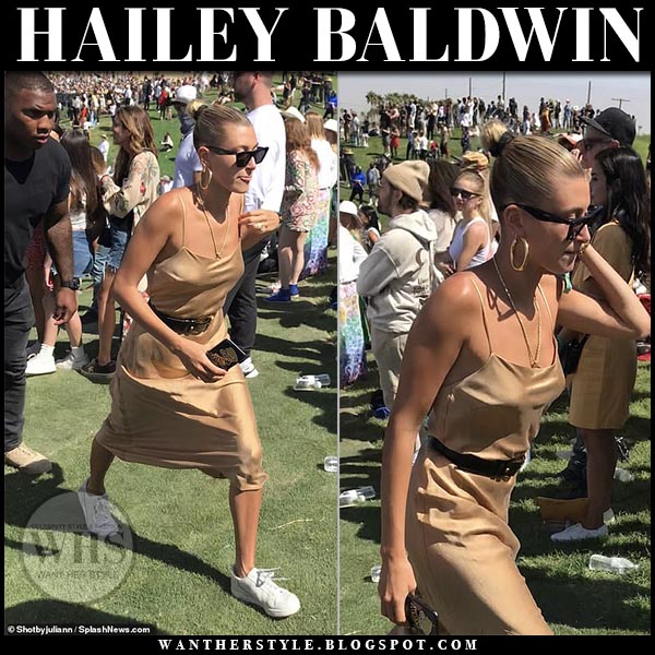 Hailey Baldwin In Gold Slip Midi Dress At Coachella 2019 I