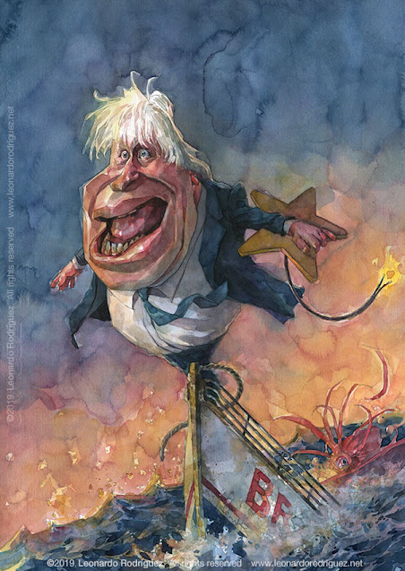 Watercolor caricature of Boris Johnson sinking with a Boat called Brexit.  He's holding back the UK yellow star of the Eupean Union.Leonardo Rodríguez-caricaturista en españa