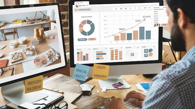 Business owner scaling their Etsy business with growth charts, expanded inventory, and marketing strategies, showing progress and increased production.