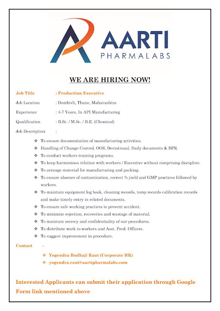 Aarti Pharmalab Hiring For BSc/ MSc/BE Chemical - Production and ADL Department