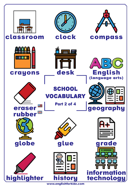School vocabulary words - school supplies, classroom objects etc.