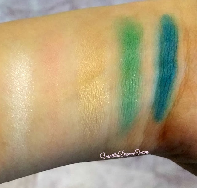 close up swatches of first five NYX Avant Pop Art Throb shadow palette