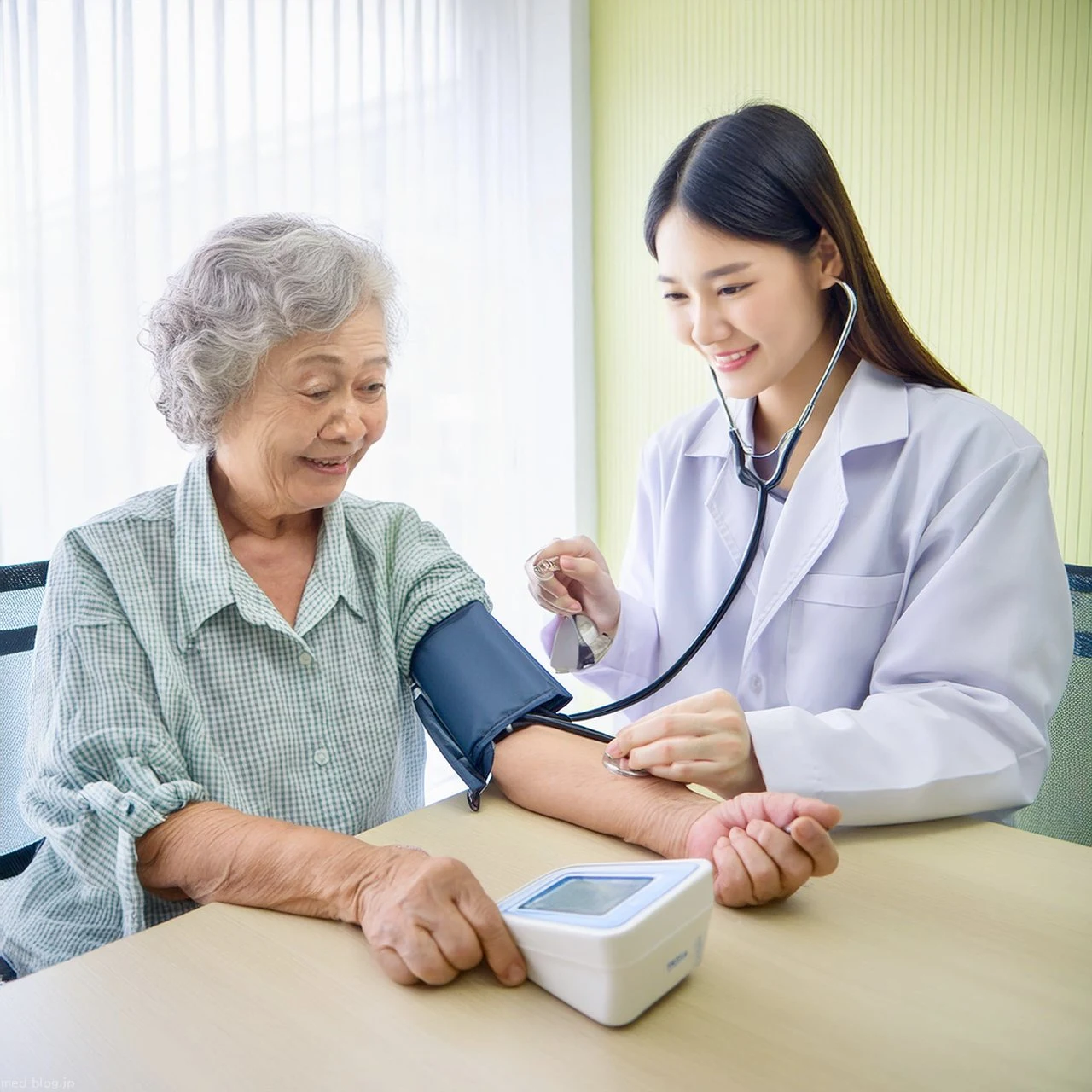 小さな診療所の明るい診察室で、小綺麗な身なりをした日本人の老年女性が、若い日本人女性の医師の前で笑顔で電子自動血圧計で血圧を測定している写真.jpg (1280×1280)