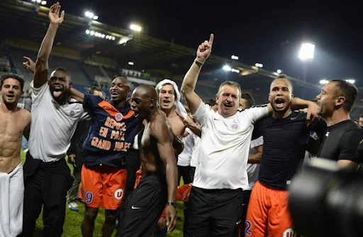 Montpellier players celebrate after winning the French Ligue 1 title