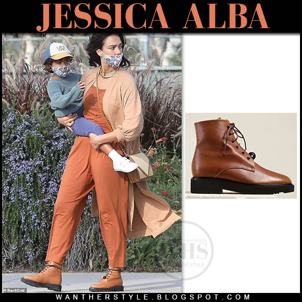 Jessica Alba in orange jumpsuit, cardigan and brown ankle boots