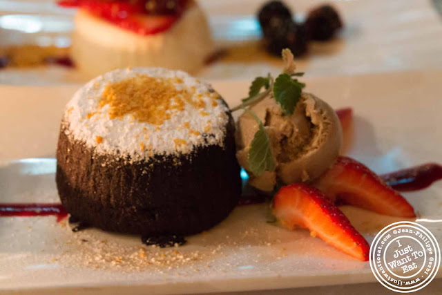 Image of Valrhona chocolate molten cake at Thalassa Greek restaurant in Tribeca NYC, New York