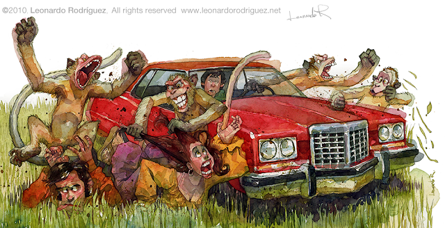 watercolor cartoon of amonkey gang attacking a family with in a red lon car published in Mad-Magazine