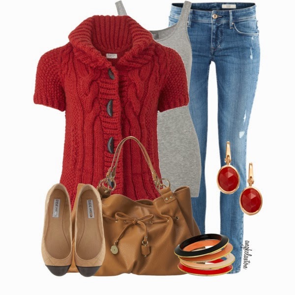 Red Sweater ,Grey Top ,Blue Jeans ,Brown Bag , Shoe And Tops