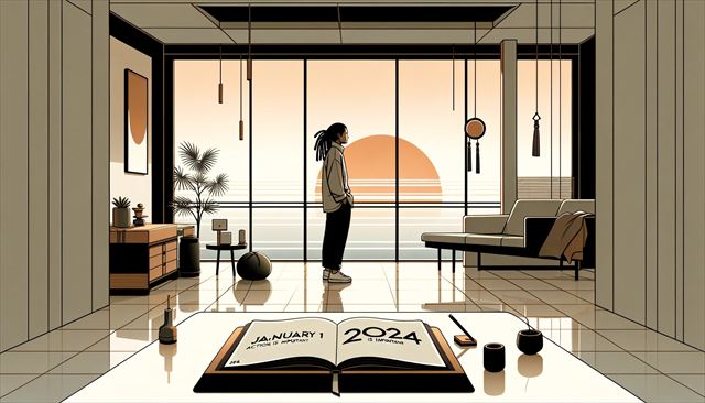 A minimalist style illustration of a Japanese man with dreadlocks, dressed in casual clothes. He's standing alone in a spacious, minimally decorated room with large windows, gazing at the first sunrise of 2024. The room has subtle hints of Japanese New Year decorations like a small kagami mochi and a shimenawa. On a sleek, simple table, there's an open diary showing 'January 1, 2024', with a note 'Action is important'. The artwork should have clean lines, limited colors, and convey a sense of calm reflection and new beginnings.