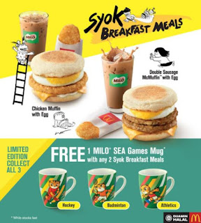 Collect all 3 free MILO SEA Games Mug when purchase any 2 Syok Breakfast Meals at McDonald’s