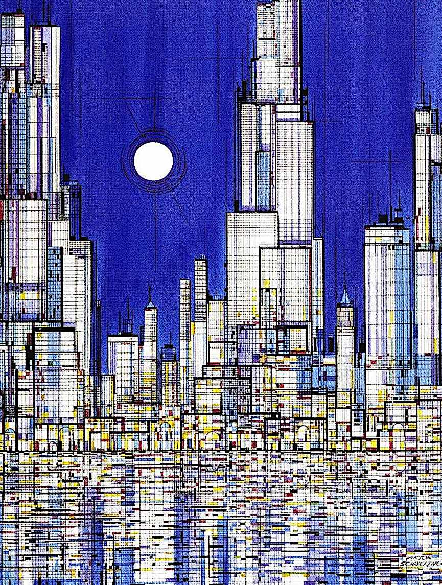 a Viktor Schreckengost painting of an urban skyline at night