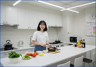 대학가 및 1인 가구를 위한 맞춤형 공유 주방에서 젊은이가 요리하는 밝고 현대적인 모습.