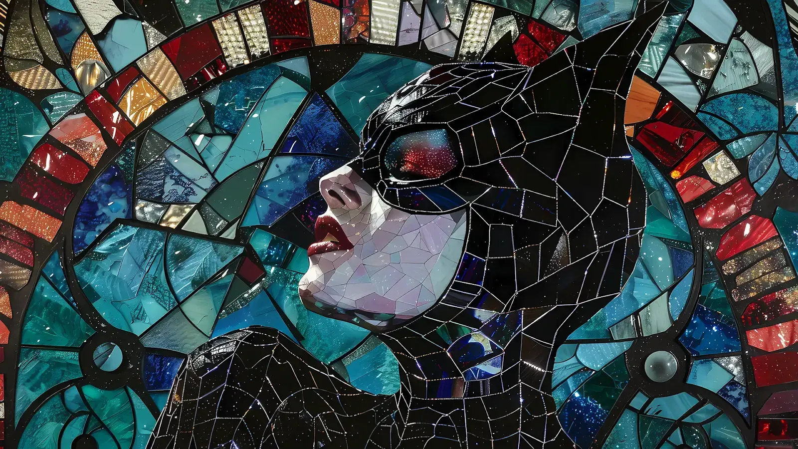 ai illustration in mosaic style of dc comics catwoman from batman universe, Use as background wallpaper for desktop or image, picture