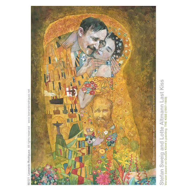 Pintura en acuarela inspirada en el cuadro:  El Beso de Gustav Klimt.  La pareja está formada esta vez por el escritor austriaco Stephan stefan zweig y su esposa.  En una aparición fantasmal está incluído el autor de la obra.  El color general está basado en amarillos y pequeños detalles de la vida del escritor.