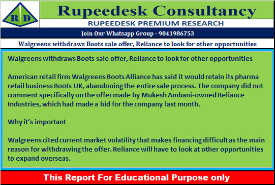 Walgreens withdraws Boots sale offer, Reliance to look for other opportunities - Rupeedesk Reports - 29.06.2022