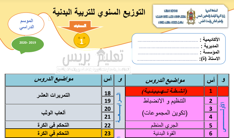 التوزيع السنوي لمادة التربية البدنية للمستوى الأول للموسم الدراسي 2019/2020