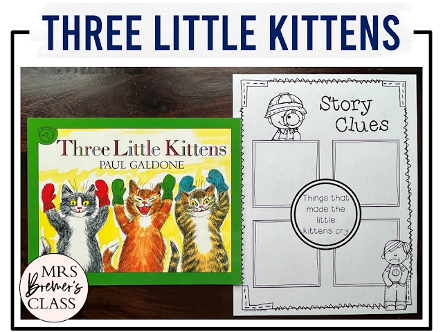 Three Little Kittens book activities unit with literacy printables, reading companion activities, lesson ideas, and a craft for winter in Kindergarten and First Grade