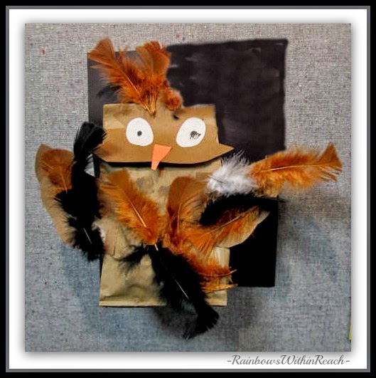 Owl Puppet: on a paper bag with feathers via RainbowsWithinReach