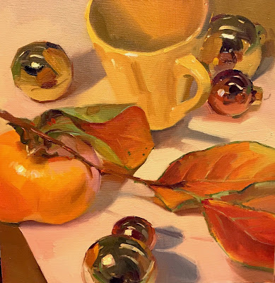 Persimmon christmas ornament oil painting still life by Sarah Sedwick