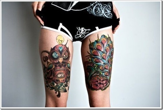 robotique_la_chouette_et_le_paon_tatouage_cuisse