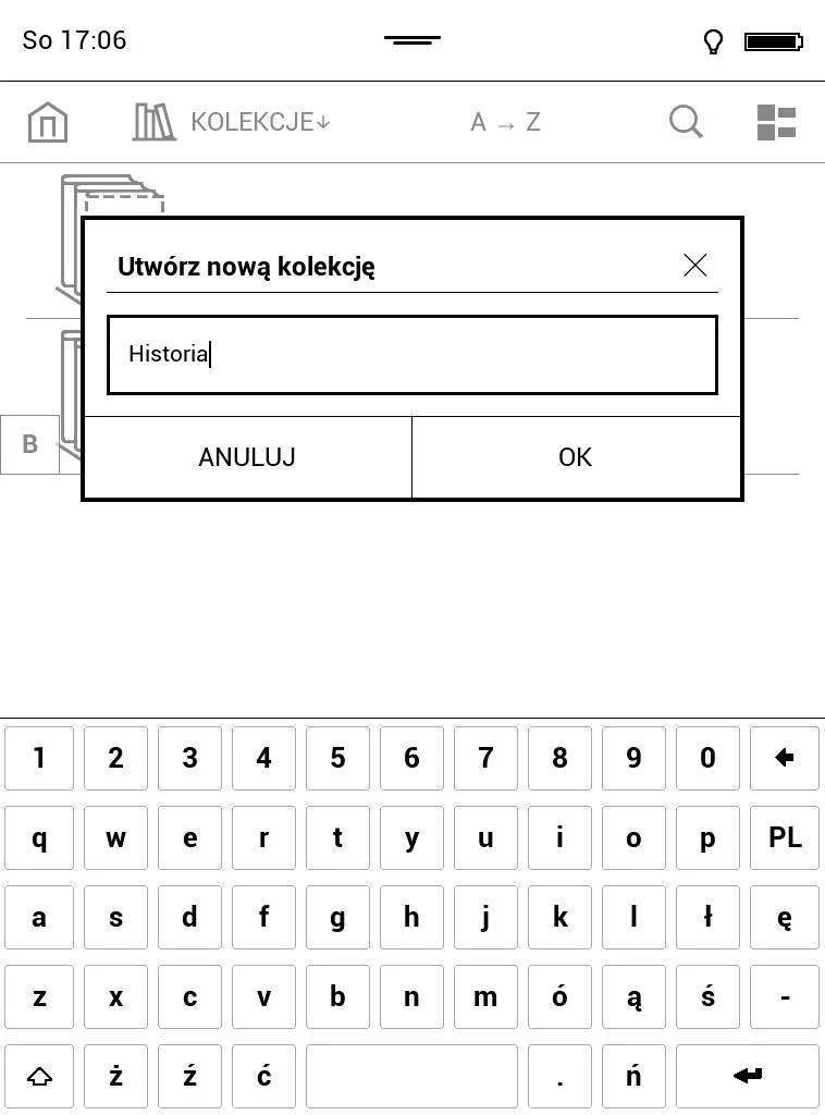 Wpisywanie nazwy kolekcji na cytniku PocketBook Touch Lux 4