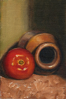 Oil painting of a tomato beside an earthenware jar on its side.