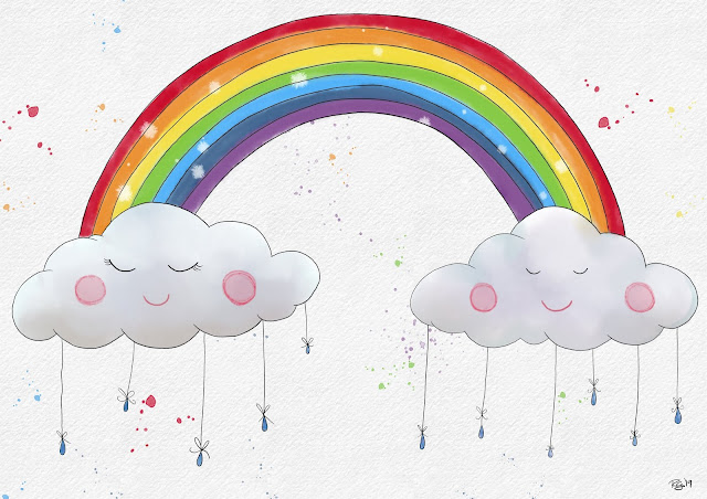 Whimsical clouds and rainbow by Rachel gillham Art