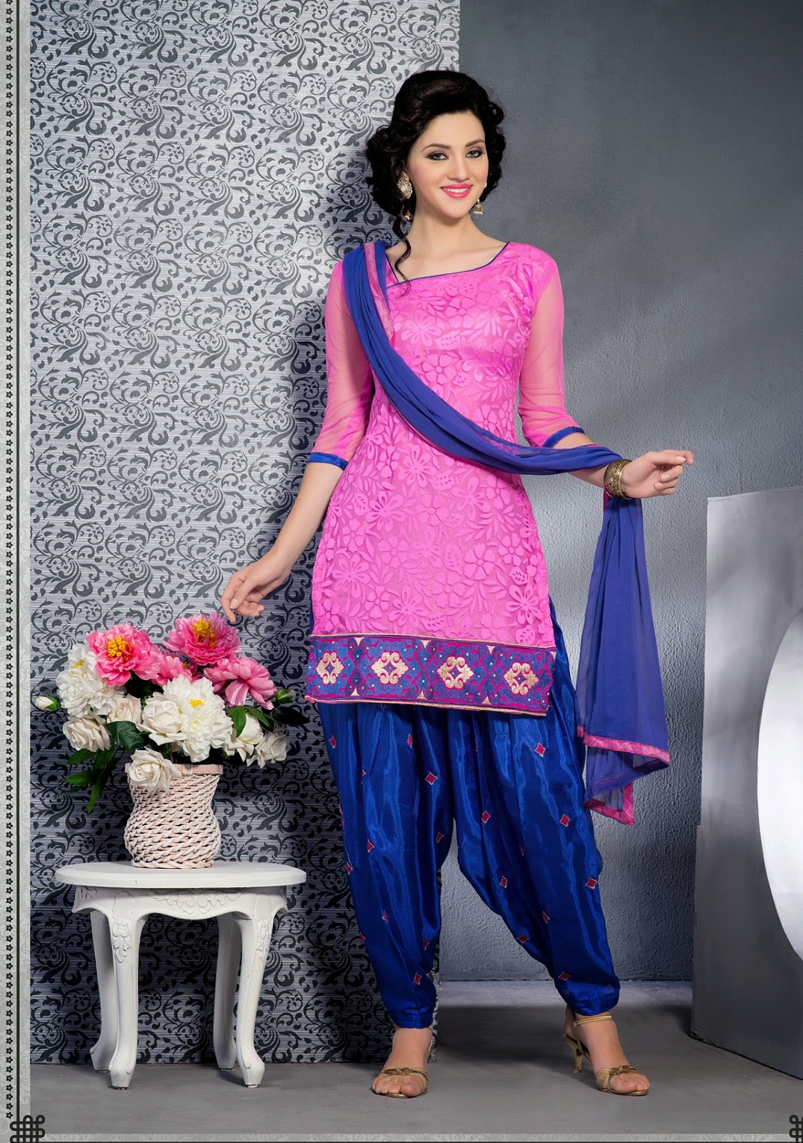  pink and blue brasso silk punjabi suit