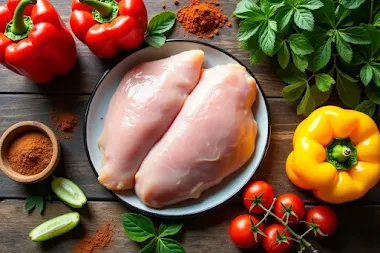 Ingredients for Poulet Basquaise, including chicken thighs, bell peppers, tomatoes, and spices, arranged on a wooden table.