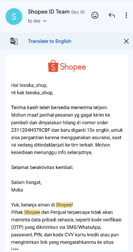 balasan email dari tim shopee