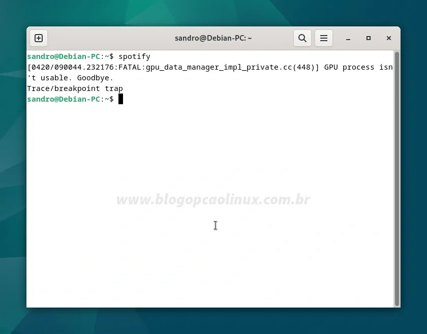 Erro Spotify 'FATAL:gpu_data_manager_impl_private.cc(448)] GPU process isn't usable. Goodbye.'