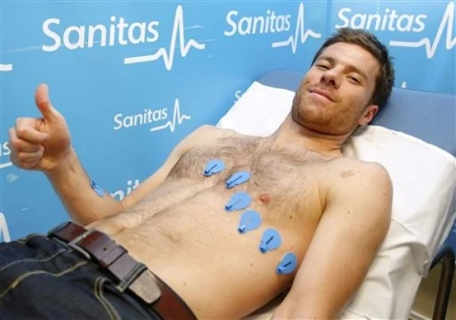 New Real Madrid signing Xabi Alonso gives the thumbs-up during his medical examination