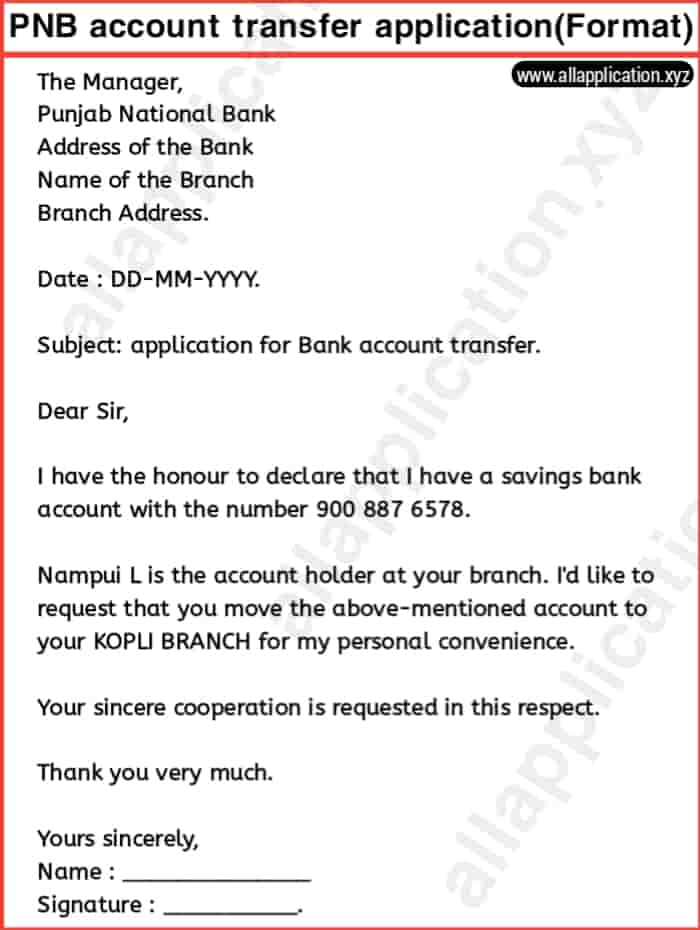 PNB Bank Account Transfer Application Format