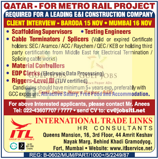 Leading E& I co Jobs for Metro Rail Project in Qatar