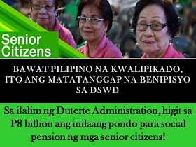       The Department of Social Welfare and Development (DSWD) has allocated a total of P8, 255,820,000 for the social pension fund of senior citizens.  The target beneficiaries of the agency have to reach up to 1,375,970 senior citizens in the whole country.  The allocation is for Social Pension Program for Indigent Senior Citizens (SocPen) that will cover the elderly who are frail, sickly, do not receive any pension and have no other source of income and support coming from their families.  (VIDEO:Pensyon at benepisyo ng mga senior citizen, ipinapanawang dagdagan)    According to DSWD Secretary Judy Taguiwalo, P4,243,330,500 of the allotment have been utilized for this year.  Under the SocPen, the senior citizen beneficiaries will receive quarterly stipend worth P500 each month, as government assistance for their daily living and medical needs.     Other than this, here are more benefits of being Senior Citizen  DISCOUNTS  20% discount on:  -Medical-related privileges  -Medicine and drug purchases  -Medical supplies, accessories, and equipment  -Medical and dental services  -Professional fees of attending physician  -Professional fees of licensed health workers providing home health care services  Transportation  Air and Sea  Land: LRT, MRT, PNR, buses, jeepneys, taxi and shuttle services  Hotels, restaurants, recreational facilities, places of leisure  Hotels, restaurants, theaters, cinemas, concert halls, circuses, leisure and amusement  Recreation centers  Fees, charges, and rental for sports facilities and equipment  Funeral services  Funeral and burial expenses include casket or urn, embalming, cremation cost, and other services.  Utility discount  Grant of a minimum of 5% discount relative to the monthly use of water and electricity, provided that the meter is registered under the name of the senior citizen residing therein and does not exceed 100 kWh and 30 m³.  (VIDEO:DSWD clarifies details of senior citizens' discounts)    EXEMPTIONS  Tax exemption Exemption from payment of individual income tax of those who are considered to be minimum wage earners  Training fee exemption Training fees for socio-economic programs conducted by private and government agencies subject to the guidelines issued by DTI, DOLE, DA, TESDA and DOST-TRC.  GOVERNMENT ASSISTANCE Social Pension  Indigent senior citizens shall be entitled to a monthly stipend amounting to P500 to augment daily subsistence and other medical needs.  Mandatory PhilHealth coverage  All senior citizens are covered by the national health insurance program of PhilHealth.  Social safety nets The social safety assistance shall include, but not be limited to, food, medicines, and financial assistance for house repair to cushion effects of economic, disaster and calamity shocks.  Death benefit assistance  The assistance of a minimum of P2,000 shall be given to the nearest surviving relative who took care of the deceased senior citizen.  OTHERS  Express lanes  Express lanes shall be provided in all private, banking, commercial and government establishments; priority shall be given in their absence.  Educational privileges  Assistance shall be granted to senior citizens to pursue education through the provision of scholarships, grants, financial aids, subsidies and other incentives.  Benefits and privileges for retirees  -Continuance of the same benefits and privileges by GSIS, SSS, and PAG-IBIG as enjoyed by those in active service.  -Privileges on special discounts in special programs  (VIDEO:Rights and Privileges of Senior Citizens)     They are provided with benefits and privileges through the following legislation:  Republic Act No. 7432, or the Expanded Senior Citizens Act of 2003  RA 9994, an amendment to RA 7432 to include additional services  RA 10645, an amendment to RA 9994 to provide mandatory PhilHealth coverage for all senior citizens.    HOW TO GET SENIOR CITIZENS ID?  In order to get and enjoy the above mentioned benefits and privileges of a senior citizen, first you must secure a Senior Citizen's ID.  Requirements:  Birth Certificate  1X1 colored photo (latest)  Valid ID     If you completed the said requirements, just go to the Office of the Senior Citizens Affair (OSCA) in your city or municipality and apply for an ID. Much better if you are being accompanied with one of your daughter or grandchildren.  The staff will just fill the card with your personal info like complete name, birth date, and address.   If your ID is finished, you have to sign it, but first, you must double check if all the details are correct.      Indigent senior citizens or their authorized representative must present their Office of Senior Citizen Affairs ID and birth certificate or any other document proving their date of birth to the nearest OSCA, City/Municipal Social Welfare and Development Office or DSWD Regional Office.  The authorized representative must also present his/her identification card and an authorization letter.  All potential beneficiaries will be assessed to ensure that they qualify for the program. ©2016 THOUGHTSKOTO