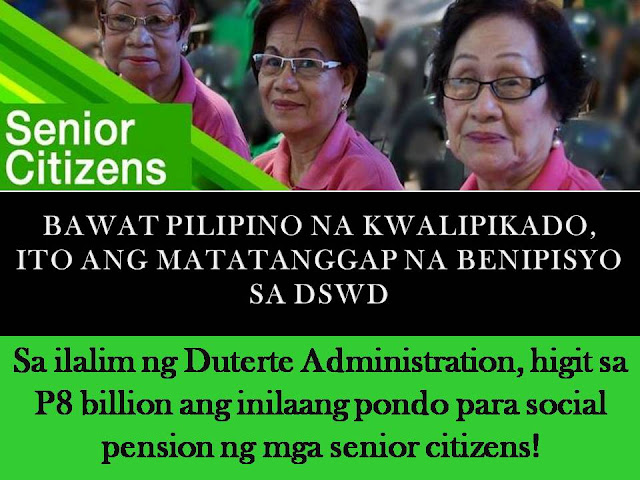       The Department of Social Welfare and Development (DSWD) has allocated a total of P8, 255,820,000 for the social pension fund of senior citizens.  The target beneficiaries of the agency have to reach up to 1,375,970 senior citizens in the whole country.  The allocation is for Social Pension Program for Indigent Senior Citizens (SocPen) that will cover the elderly who are frail, sickly, do not receive any pension and have no other source of income and support coming from their families.  (VIDEO:Pensyon at benepisyo ng mga senior citizen, ipinapanawang dagdagan)    According to DSWD Secretary Judy Taguiwalo, P4,243,330,500 of the allotment have been utilized for this year.  Under the SocPen, the senior citizen beneficiaries will receive quarterly stipend worth P500 each month, as government assistance for their daily living and medical needs.     Other than this, here are more benefits of being Senior Citizen  DISCOUNTS  20% discount on:  -Medical-related privileges  -Medicine and drug purchases  -Medical supplies, accessories, and equipment  -Medical and dental services  -Professional fees of attending physician  -Professional fees of licensed health workers providing home health care services  Transportation  Air and Sea  Land: LRT, MRT, PNR, buses, jeepneys, taxi and shuttle services  Hotels, restaurants, recreational facilities, places of leisure  Hotels, restaurants, theaters, cinemas, concert halls, circuses, leisure and amusement  Recreation centers  Fees, charges, and rental for sports facilities and equipment  Funeral services  Funeral and burial expenses include casket or urn, embalming, cremation cost, and other services.  Utility discount  Grant of a minimum of 5% discount relative to the monthly use of water and electricity, provided that the meter is registered under the name of the senior citizen residing therein and does not exceed 100 kWh and 30 m³.  (VIDEO:DSWD clarifies details of senior citizens' discounts)    EXEMPTIONS  Tax exemption Exemption from payment of individual income tax of those who are considered to be minimum wage earners  Training fee exemption Training fees for socio-economic programs conducted by private and government agencies subject to the guidelines issued by DTI, DOLE, DA, TESDA and DOST-TRC.  GOVERNMENT ASSISTANCE Social Pension  Indigent senior citizens shall be entitled to a monthly stipend amounting to P500 to augment daily subsistence and other medical needs.  Mandatory PhilHealth coverage  All senior citizens are covered by the national health insurance program of PhilHealth.  Social safety nets The social safety assistance shall include, but not be limited to, food, medicines, and financial assistance for house repair to cushion effects of economic, disaster and calamity shocks.  Death benefit assistance  The assistance of a minimum of P2,000 shall be given to the nearest surviving relative who took care of the deceased senior citizen.  OTHERS  Express lanes  Express lanes shall be provided in all private, banking, commercial and government establishments; priority shall be given in their absence.  Educational privileges  Assistance shall be granted to senior citizens to pursue education through the provision of scholarships, grants, financial aids, subsidies and other incentives.  Benefits and privileges for retirees  -Continuance of the same benefits and privileges by GSIS, SSS, and PAG-IBIG as enjoyed by those in active service.  -Privileges on special discounts in special programs  (VIDEO:Rights and Privileges of Senior Citizens)     They are provided with benefits and privileges through the following legislation:  Republic Act No. 7432, or the Expanded Senior Citizens Act of 2003  RA 9994, an amendment to RA 7432 to include additional services  RA 10645, an amendment to RA 9994 to provide mandatory PhilHealth coverage for all senior citizens.    HOW TO GET SENIOR CITIZENS ID?  In order to get and enjoy the above mentioned benefits and privileges of a senior citizen, first you must secure a Senior Citizen's ID.  Requirements:  Birth Certificate  1X1 colored photo (latest)  Valid ID     If you completed the said requirements, just go to the Office of the Senior Citizens Affair (OSCA) in your city or municipality and apply for an ID. Much better if you are being accompanied with one of your daughter or grandchildren.  The staff will just fill the card with your personal info like complete name, birth date, and address.   If your ID is finished, you have to sign it, but first, you must double check if all the details are correct.      Indigent senior citizens or their authorized representative must present their Office of Senior Citizen Affairs ID and birth certificate or any other document proving their date of birth to the nearest OSCA, City/Municipal Social Welfare and Development Office or DSWD Regional Office.  The authorized representative must also present his/her identification card and an authorization letter.  All potential beneficiaries will be assessed to ensure that they qualify for the program. ©2016 THOUGHTSKOTO