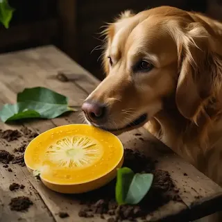 Dog sniffing raw squash slice