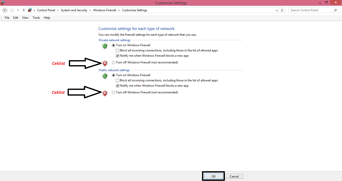 Gambar Klik Turn off Windows Firewall not recommended