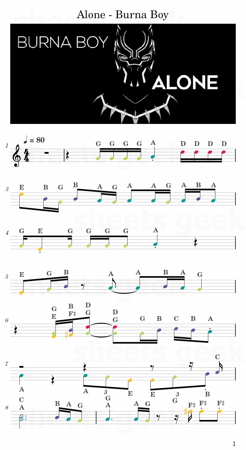 Alone - Burna Boy Black Panther Wakanda Forever Easy Sheet Music Free for piano, keyboard, flute, violin, sax, cello page 1