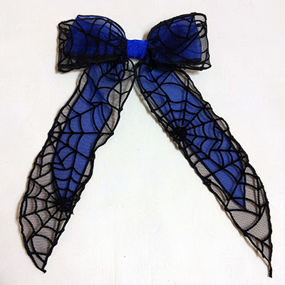 Black and blue spiderweb tulle bow barrette
