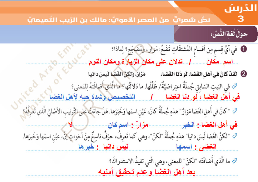 مدونة تعلم حل درس مالك ابن الريب لغة عربية للصف الحادي عشر الفصل