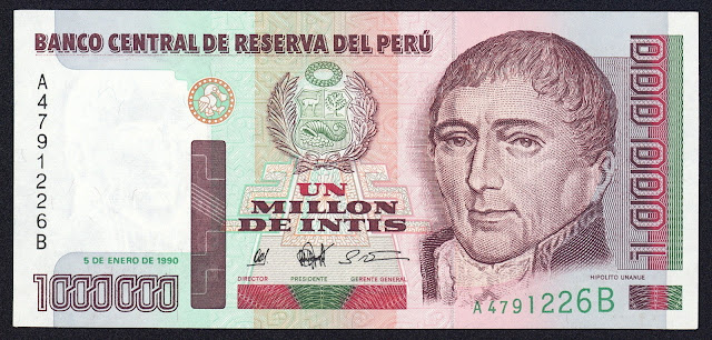 Peru money currency 1000000 Intis banknote 1990 Hipolito Unanue