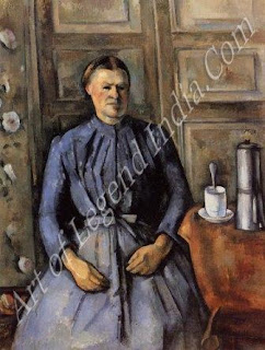 Woman with a Coffee Pot (1890-94) Cezanne treats this portrait in the same way as a still-life. The woman his housekeeper is as angular and impersonal as the cup beside her, with its unnaturally upright spoon. He once wrote that 'Painting stands for no other end than itself. The artist paints an apple or a head: it is simply a pretext for line and colour, nothing more'. 