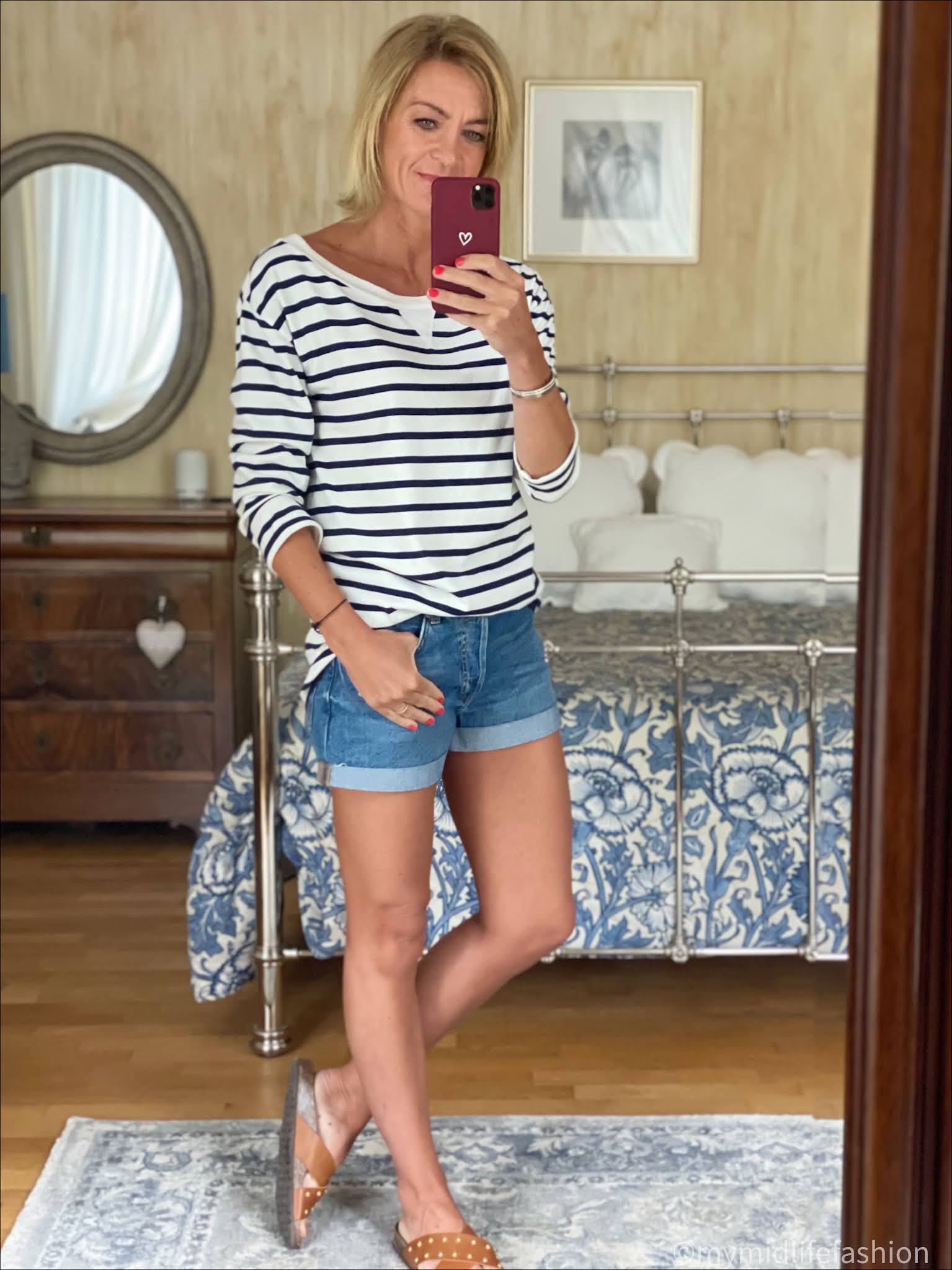 my midlife fashion, Baukjen Layla off the shoulder Breton top, h and m conscious boyfriend denim shorts, basalt studded leather sliders