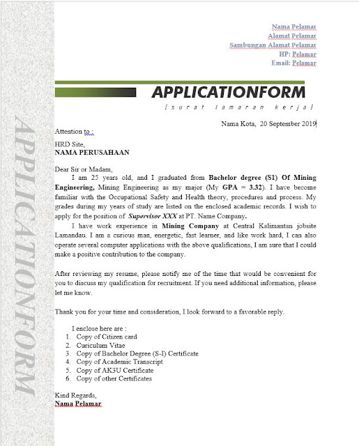 Contoh Surat Lamaran Kerja - (Application Letter) Tahun 2019 - Halo HSE