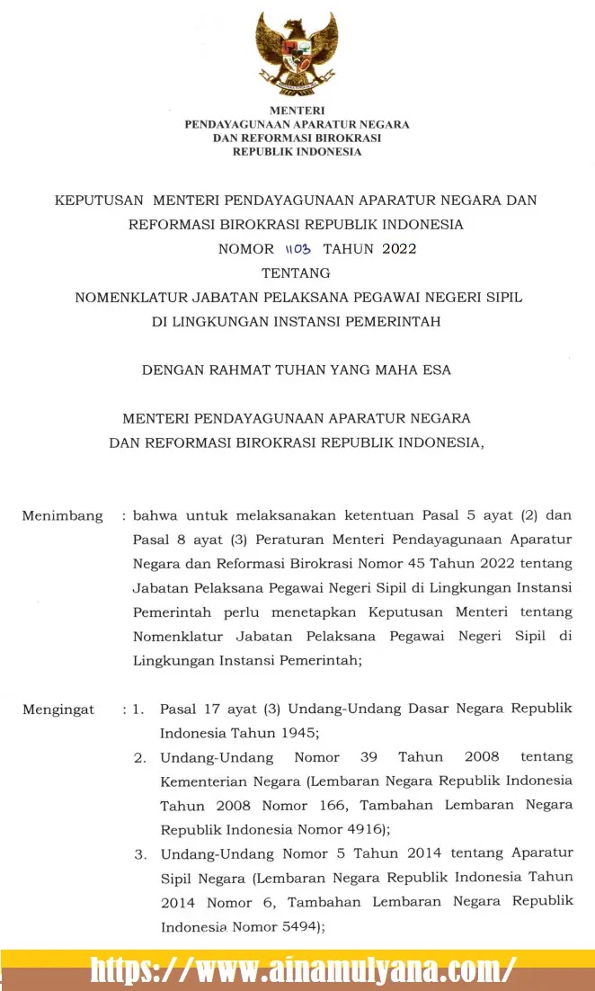 Kepmenpan RB Nomor 1103 Tahun 2022 Tentang Nomenklatur Jabatan Pelaksana PNS Di Lingkungan Instansi Pemerintah